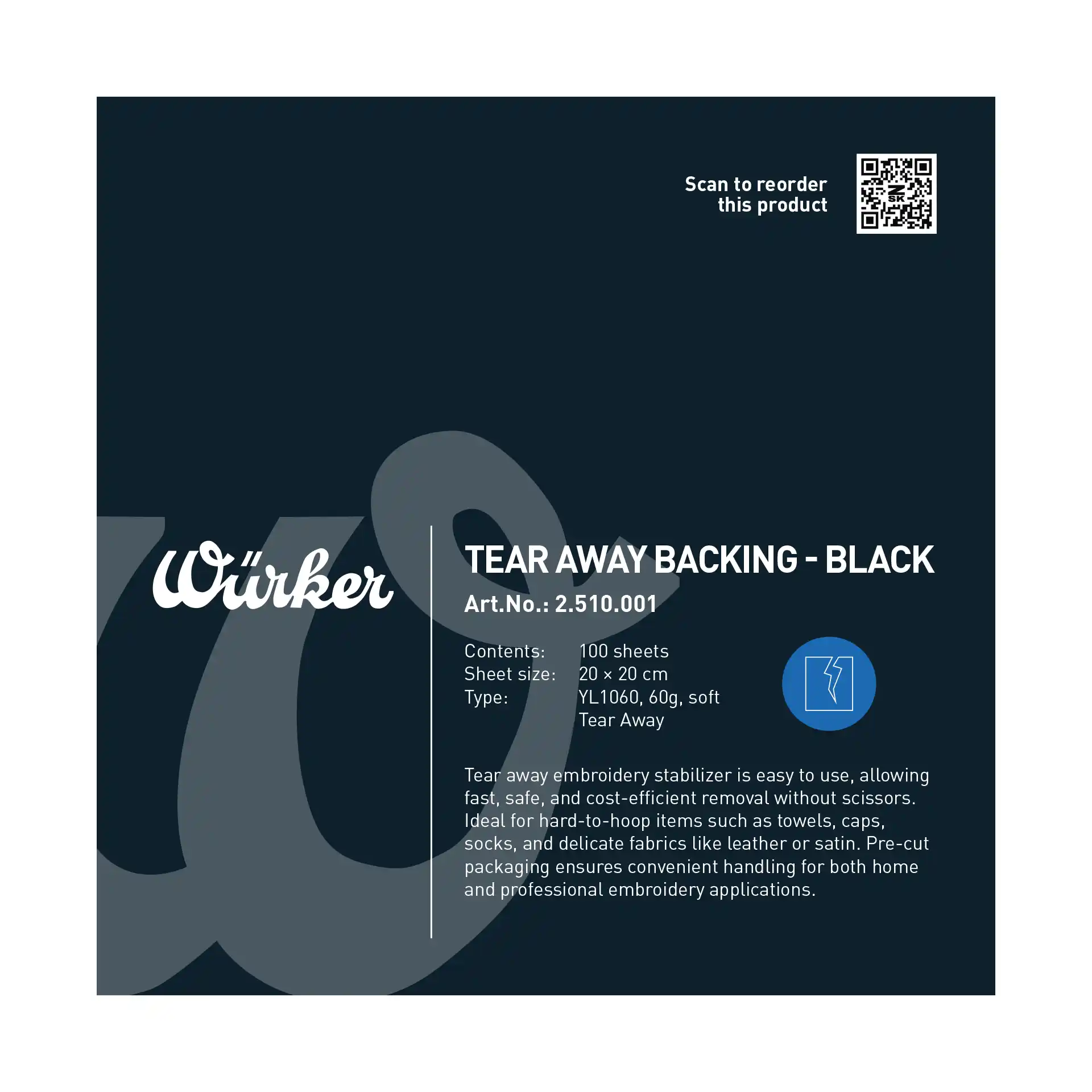 Würker Reißvlies Schwarz Soft - Zuschnitt 20cm x 20cm, 60 g/m²