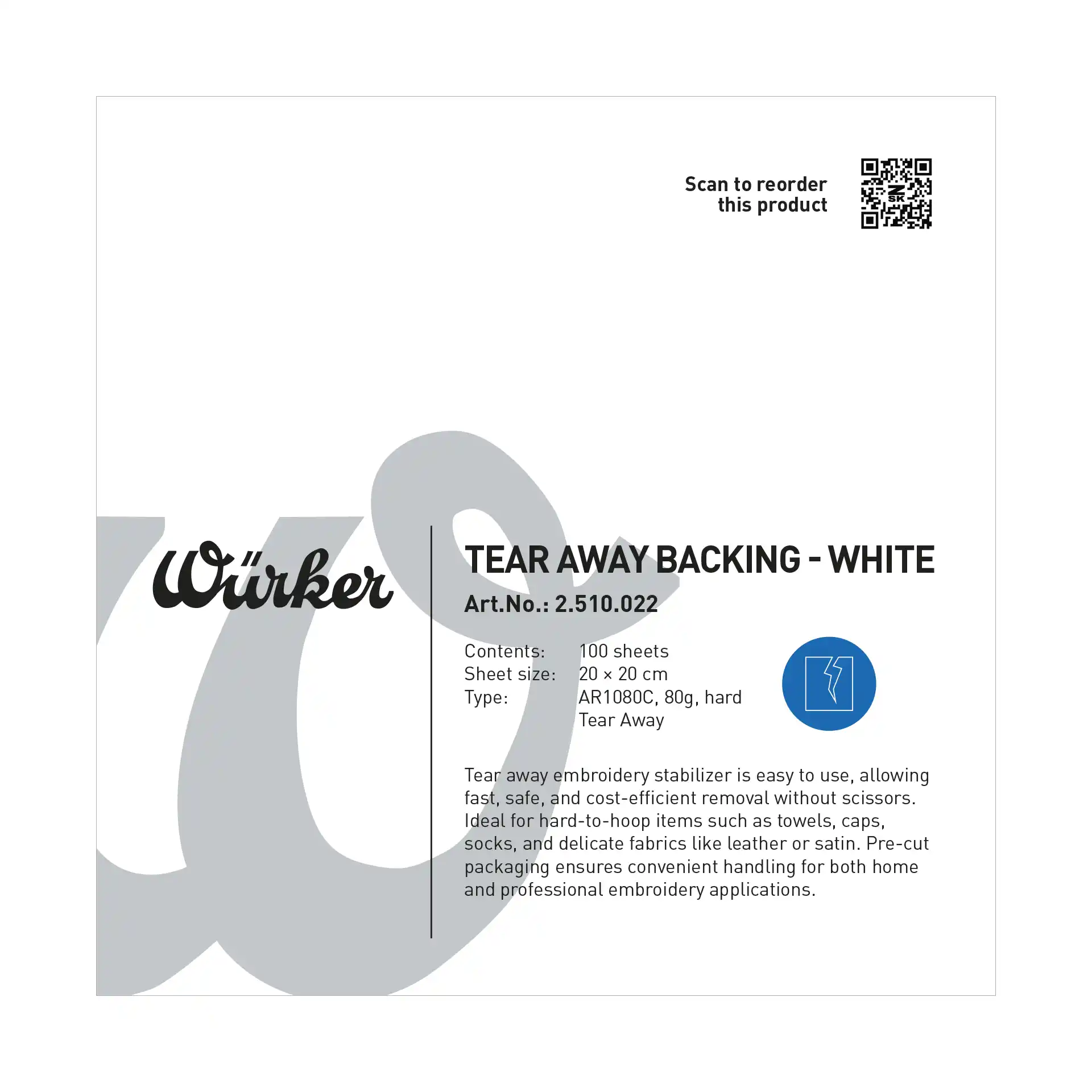 Würker Reißvlies Weiß Hard - Zuschnitt 20cm x 20cm, 80 g/m²
