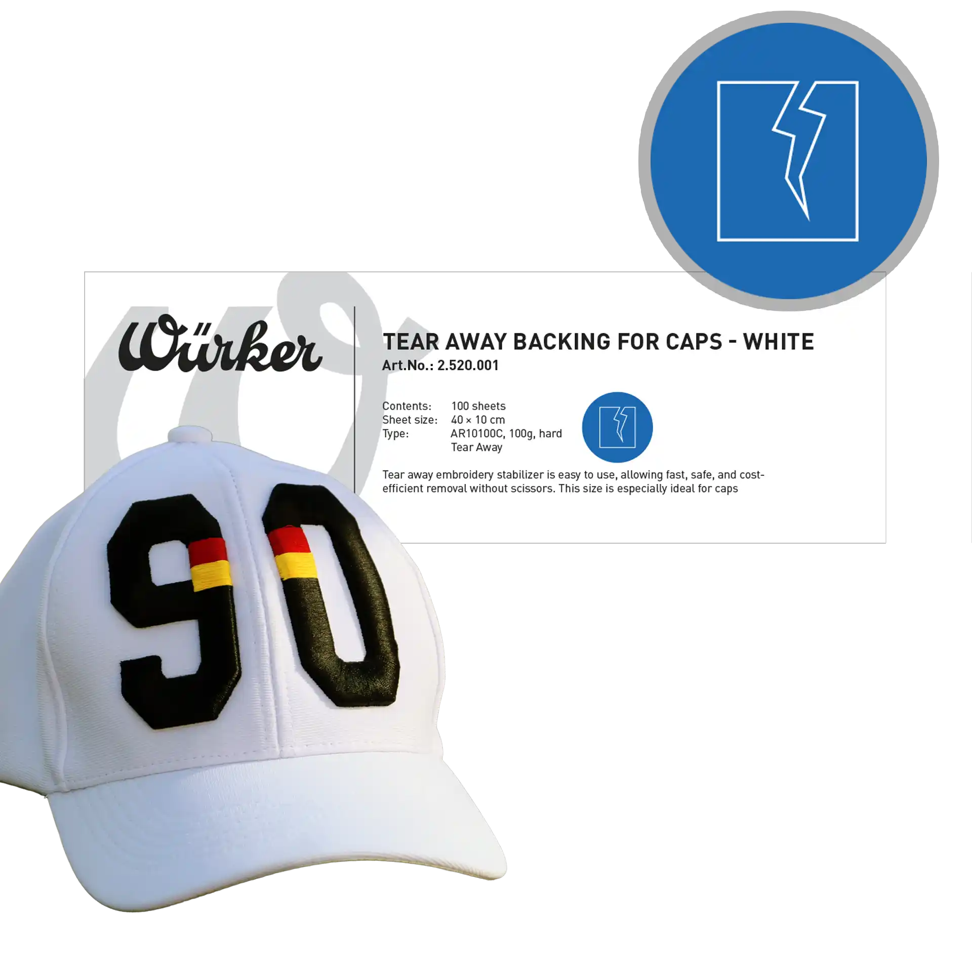 Würker Cap Backing (Tear Away) White Hard - Pre-Cut 10cm x 40cm, 100 gsm