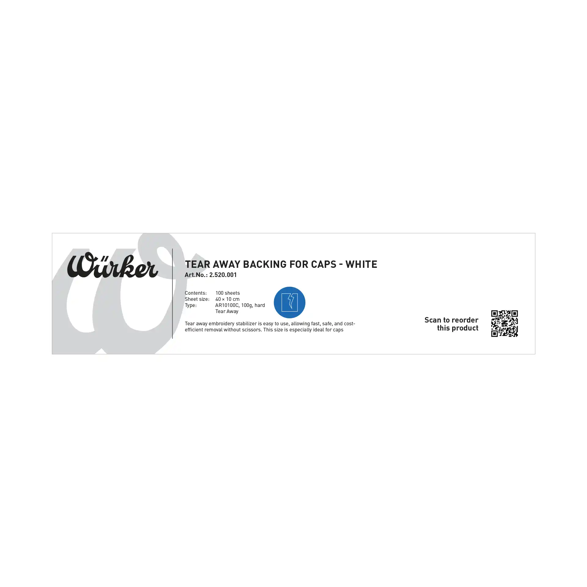 Würker Kappenvlies (Reißvlies) Weiß Hard - Zuschnitt 10cm x 40cm, 100 g/m²